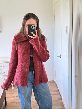 Sarah Pacini Red wool? Cardigan Sweater Lagenlook Artsy Experimental Zippers